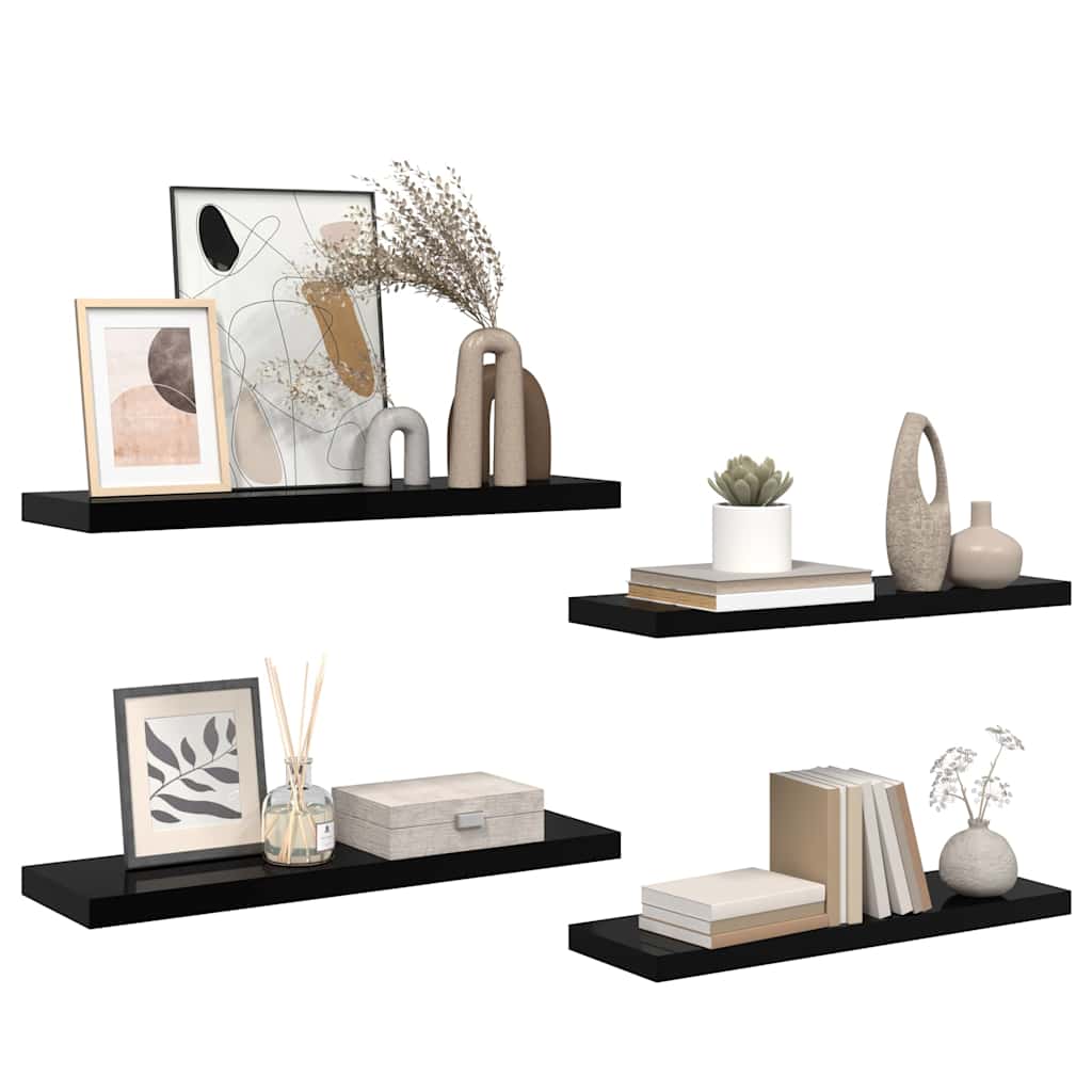 Floating Wall Shelves 4 pcs High Gloss Black 80x23.5x3.8 cm MDF