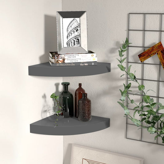 vidaXL Floating Corner Shelves 2 pcs High Gloss Grey 25x25x3.8 cm MDF