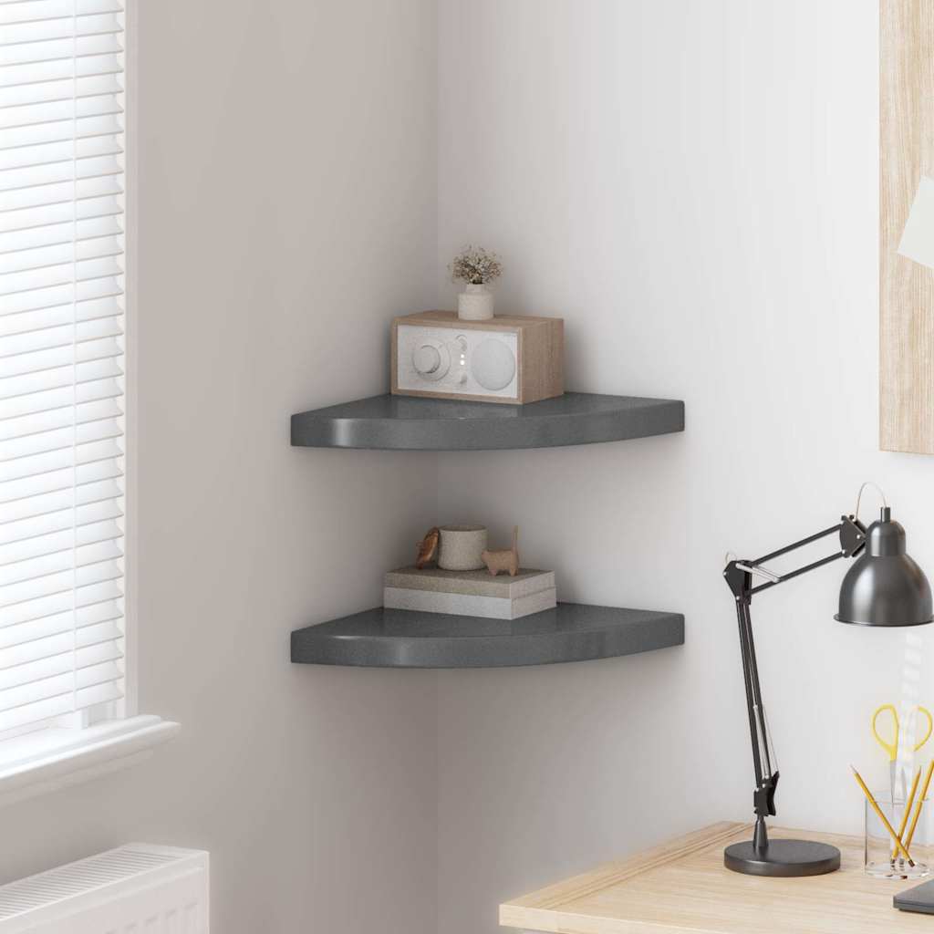 Floating Corner Shelves 2 pcs High Gloss Grey 35x35x3.8 cm MDF
