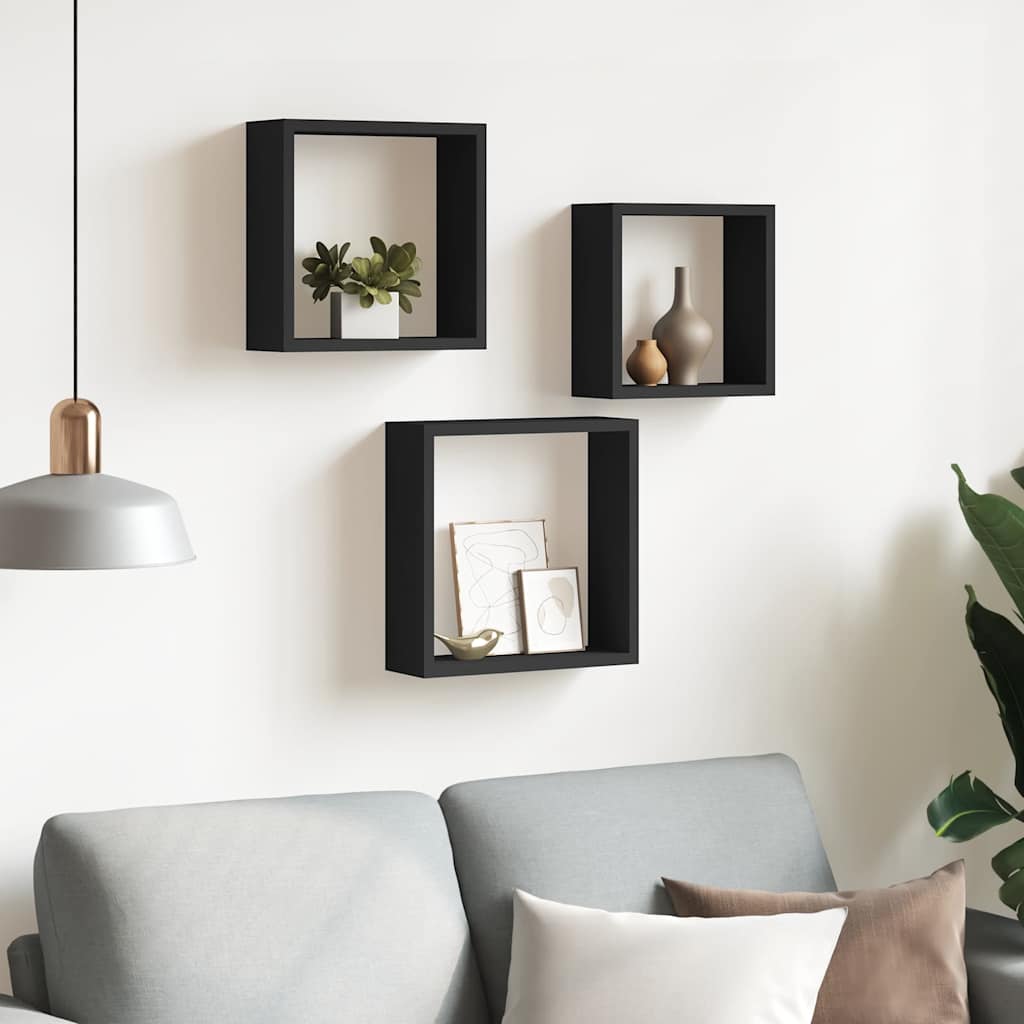 Wall Cube Shelf | Set of 3 | Black | MDF | Large, Medium, Small