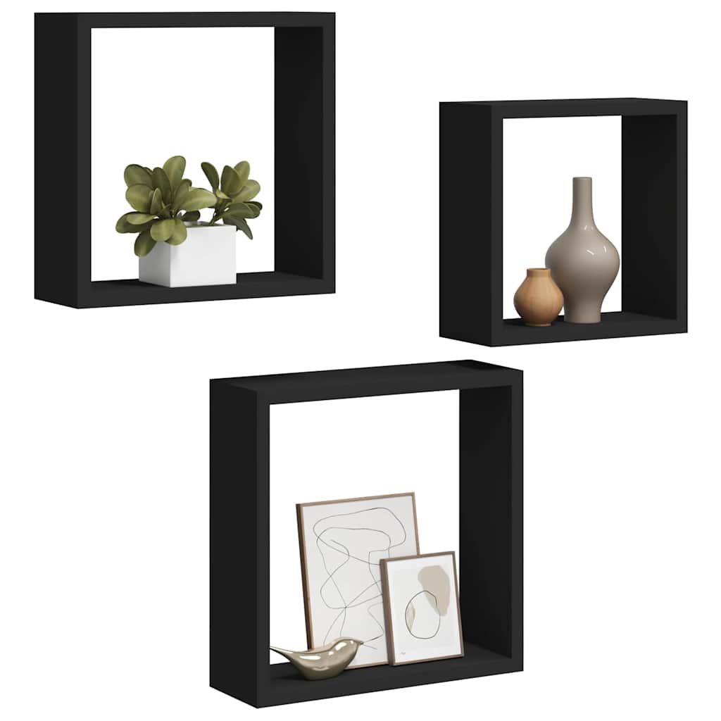 Wall Cube Shelf | Set of 3 | Black | MDF | Large, Medium, Small