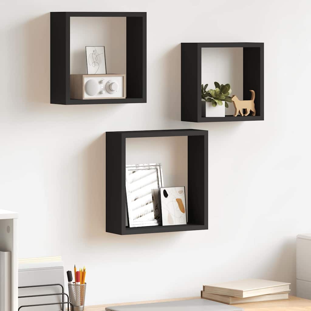 Wall Cube Shelf | Set of 3 | Black | MDF | Large, Medium, Small