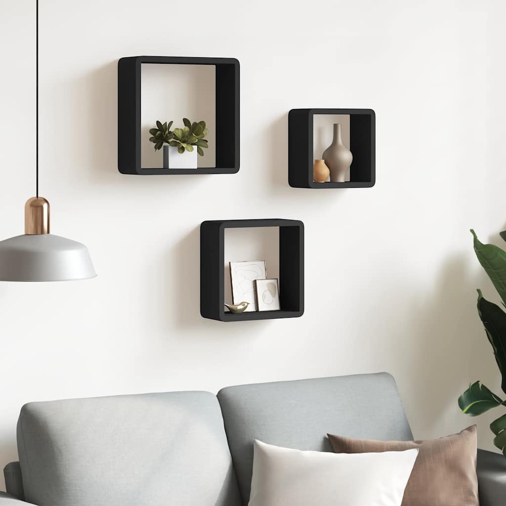 323953 vidaXL Wall Cube Shelves 3 pcs Black MDF