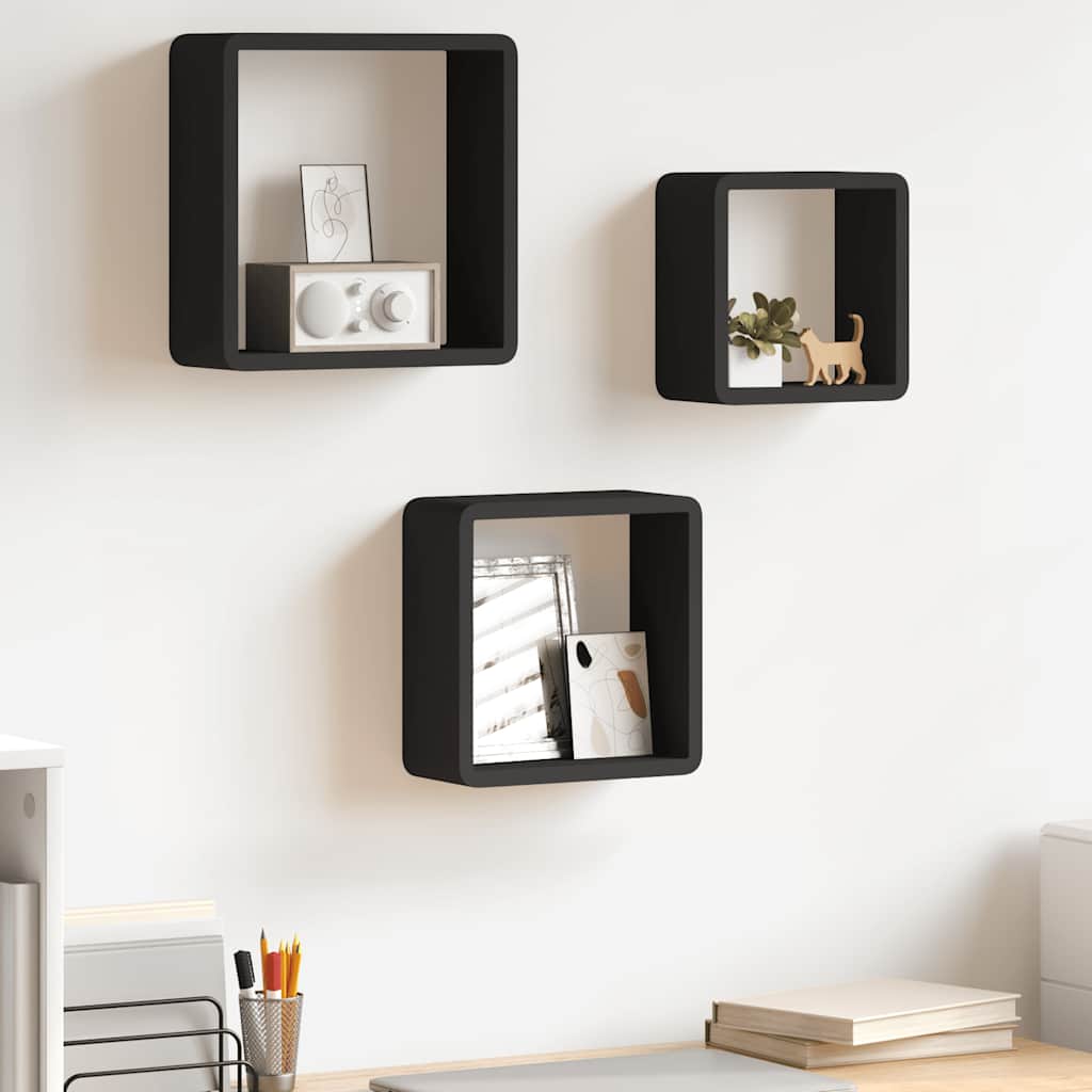Wall Cube Shelves 3 pcs Black MDF