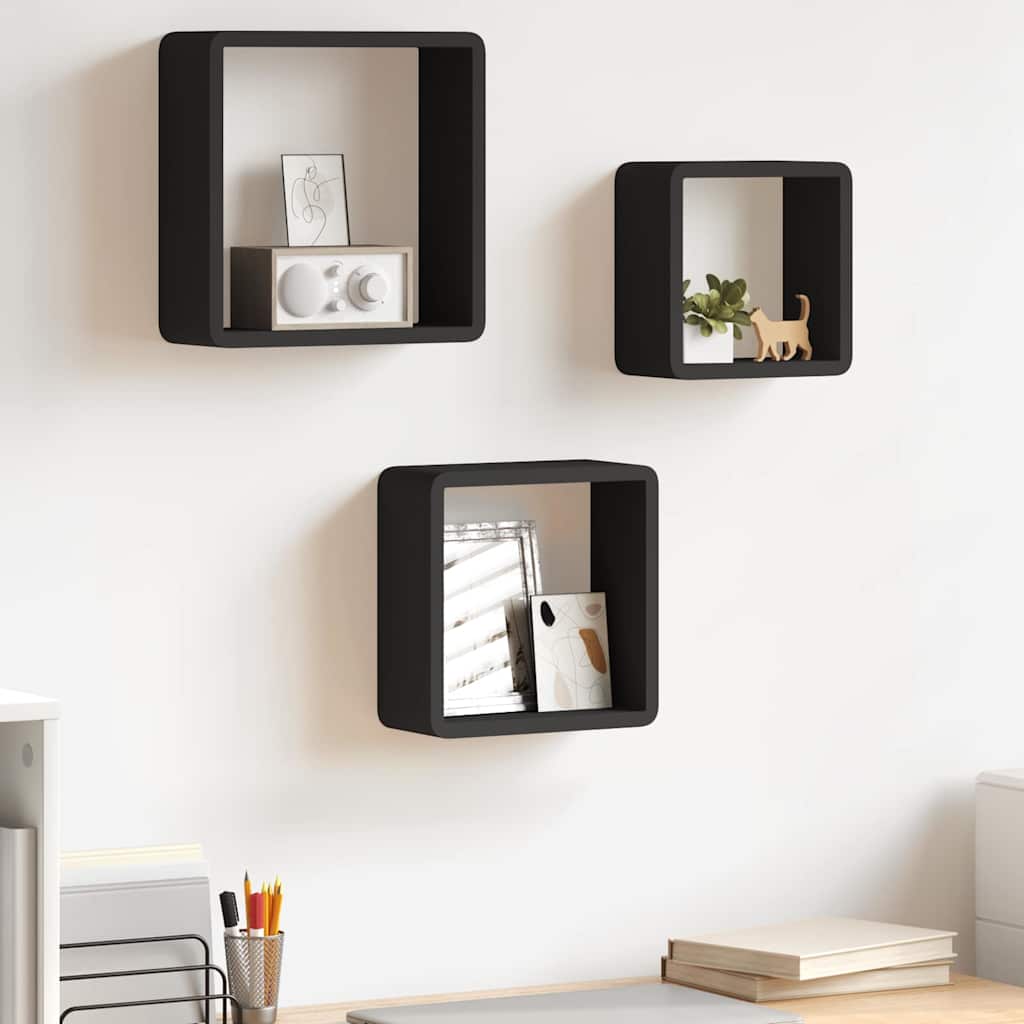 323953 vidaXL Wall Cube Shelves 3 pcs Black MDF