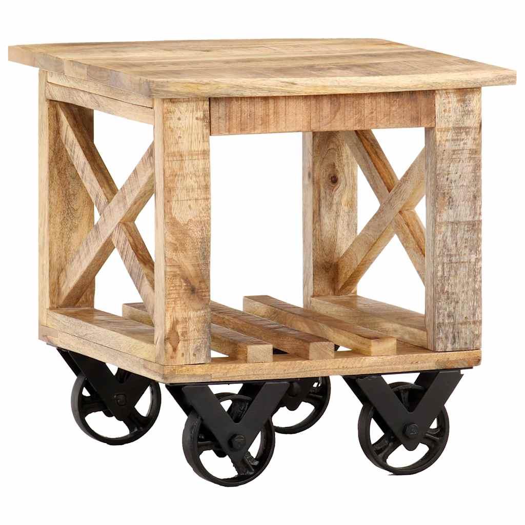 320936 vidaXL Side Table with Wheels 40x40x42 cm Rough Mango Wood
