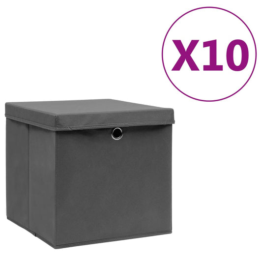 vidaXL Storage Boxes with Covers 10 pcs 28x28x28 cm Grey