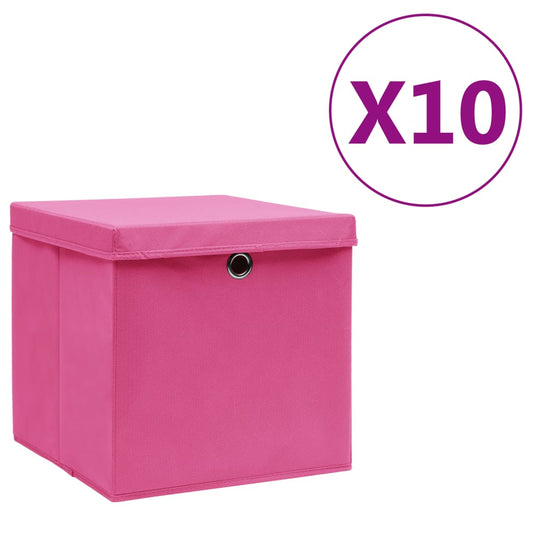 vidaXL Storage Boxes with Covers 10 pcs 28x28x28 cm Pink