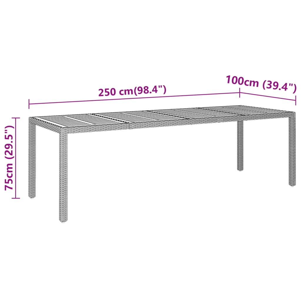 vidaXL Garden Table 250x100x75 cm Acacia Wood and Poly Rattan Black