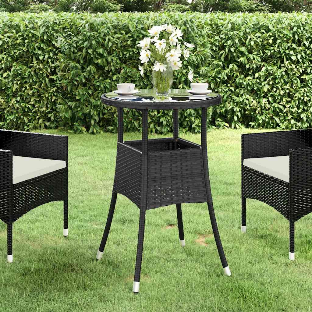 310598 vidaXL Garden Table Ø60x75 cm Tempered Glass and Poly Rattan Black