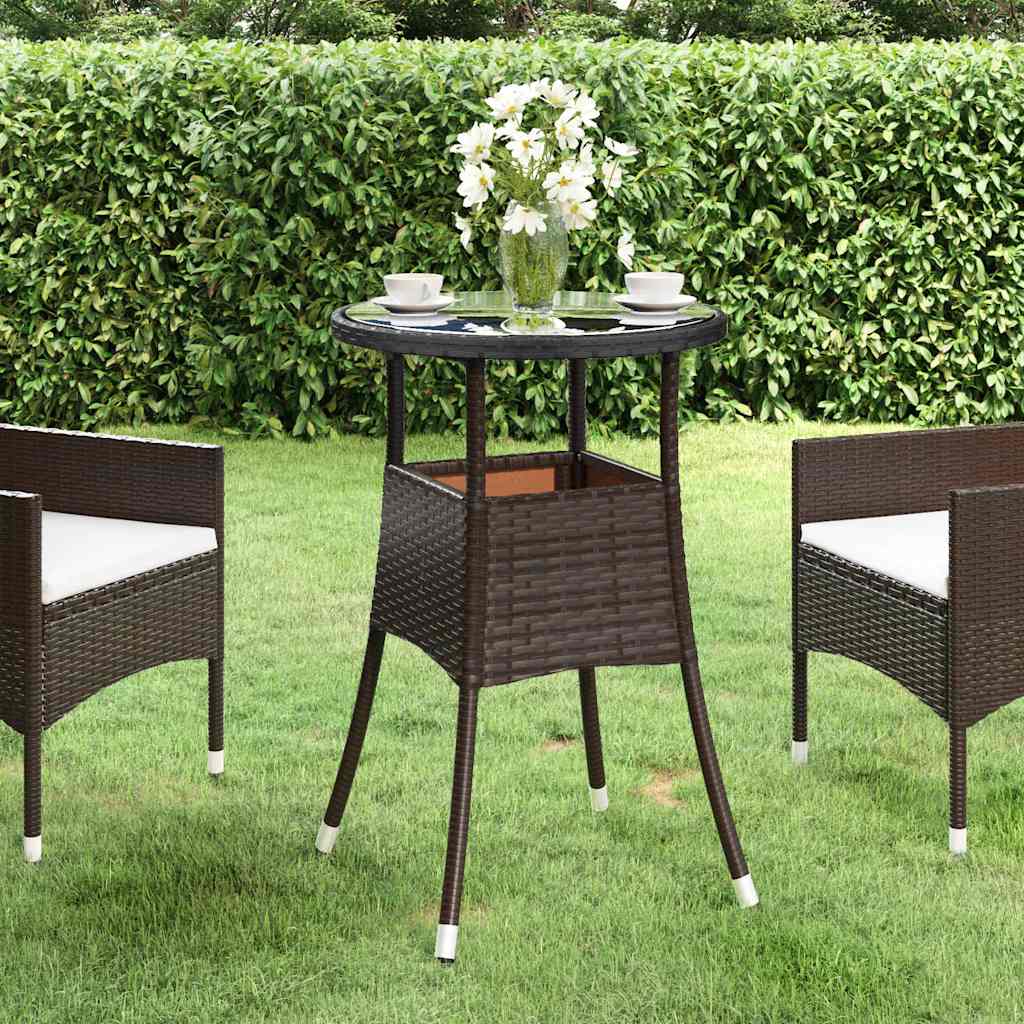 310599 vidaXL Garden Table Ø60x75 cm Tempered Glass and Poly Rattan Brown