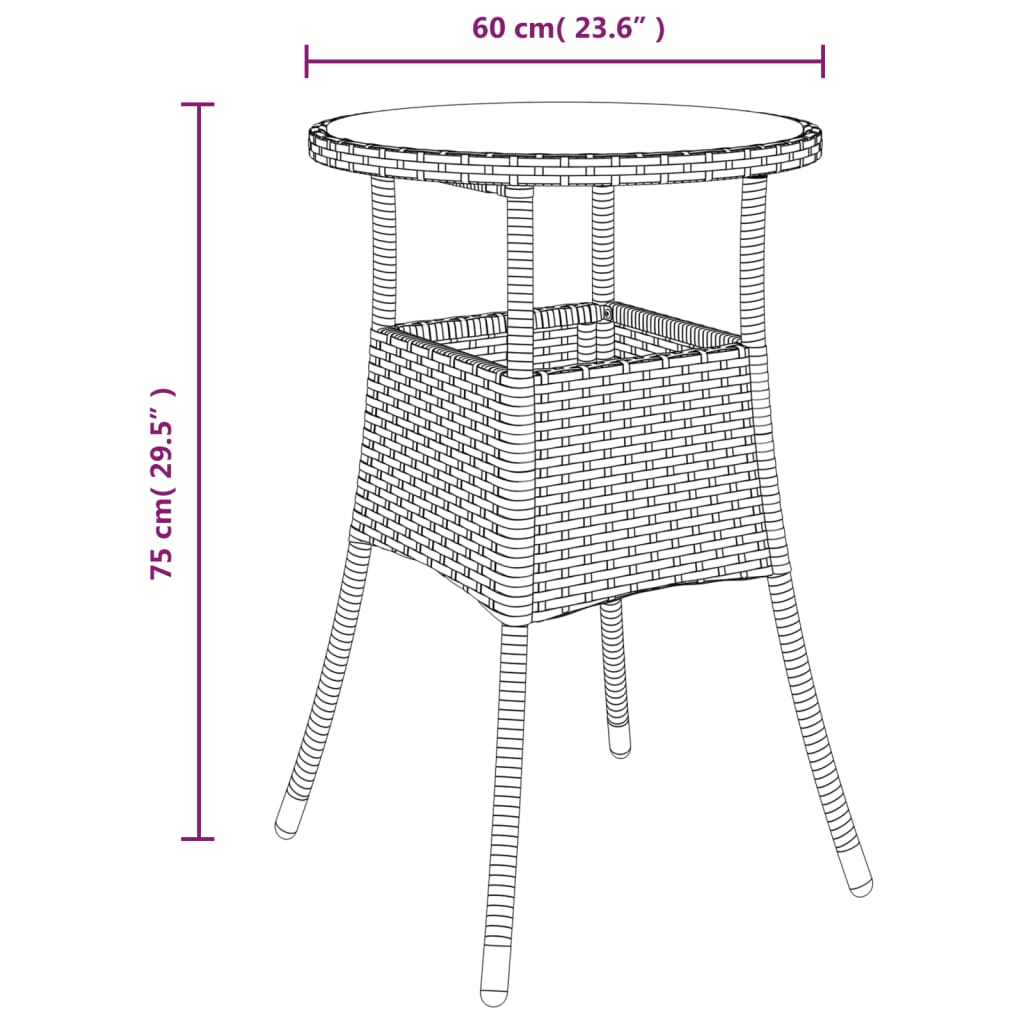 vidaXL Garden Table Ø60x75 cm Tempered Glass and Poly Rattan Grey