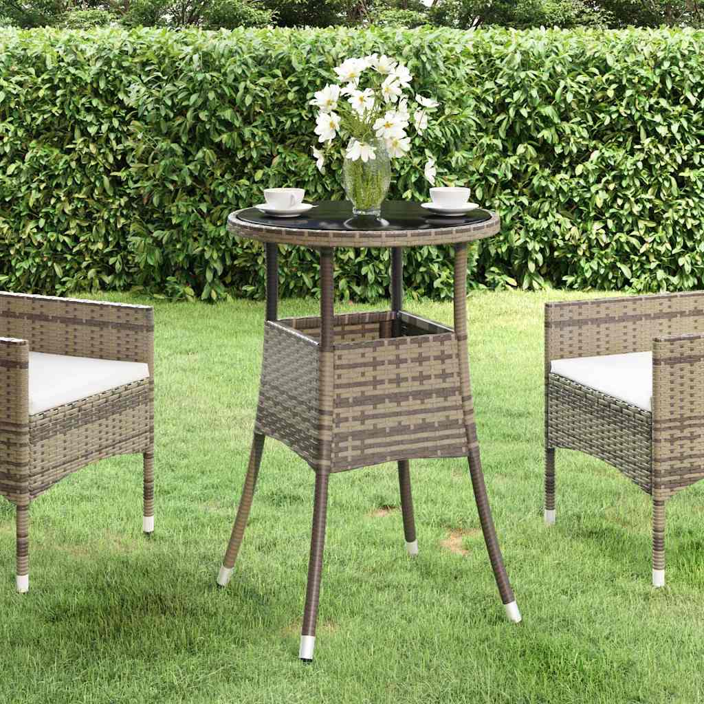 310600 vidaXL Garden Table Ø60x75 cm Tempered Glass and Poly Rattan Grey