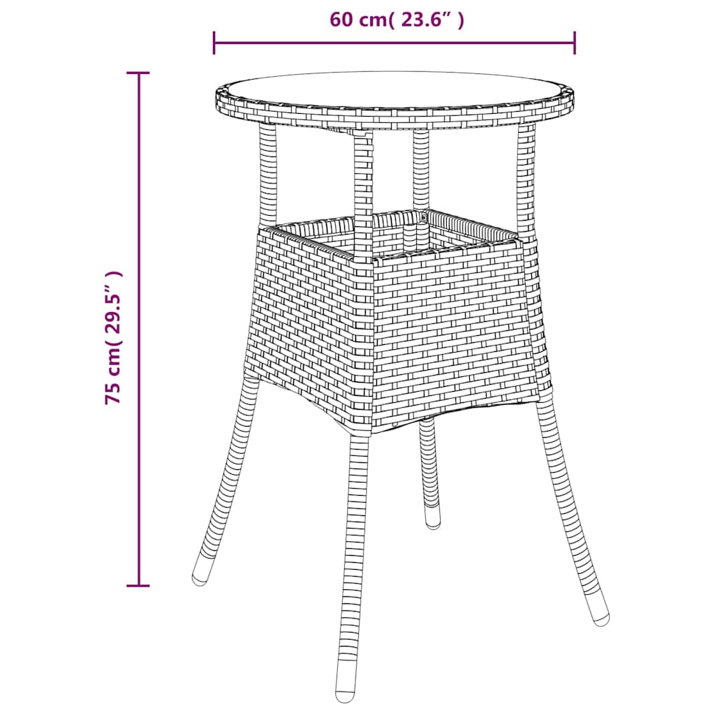 310601 vidaXL Garden Table Ø60x75 cm Tempered Glass and Poly Rattan Beige