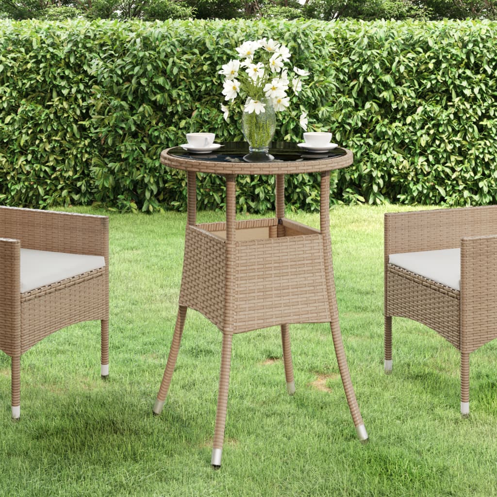 310601 vidaXL Garden Table Ø60x75 cm Tempered Glass and Poly Rattan Beige