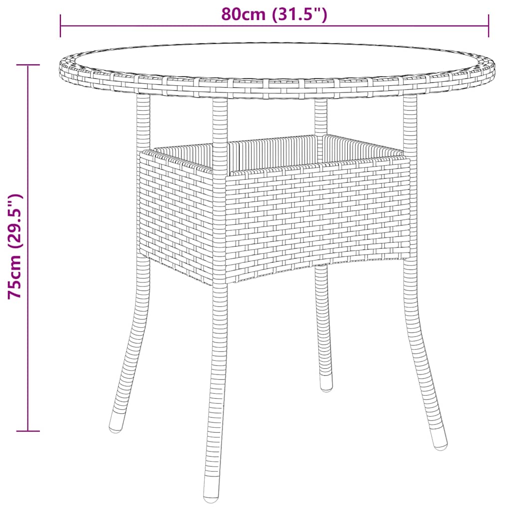 310605 vidaXL Garden Table Ø80x75 cm Tempered Glass and Poly Rattan Brown