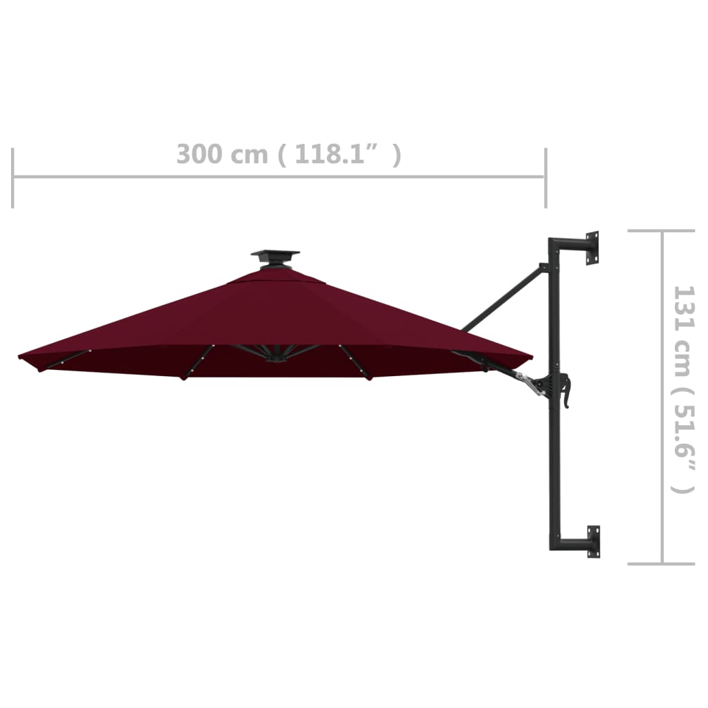 vidaXL Wall-mounted Garden Parasol with LEDs 300 cm Burgundy