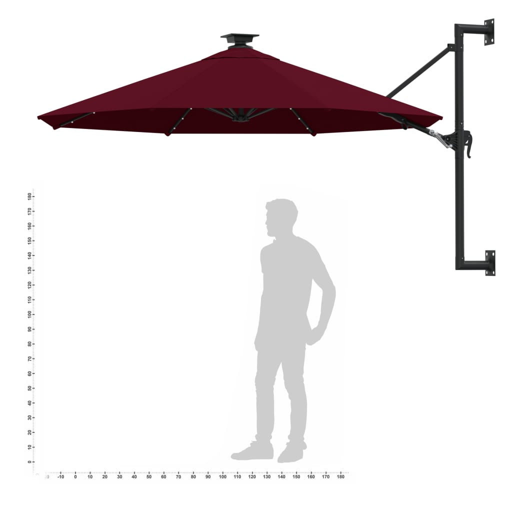 vidaXL Wall-mounted Garden Parasol with LEDs 300 cm Burgundy