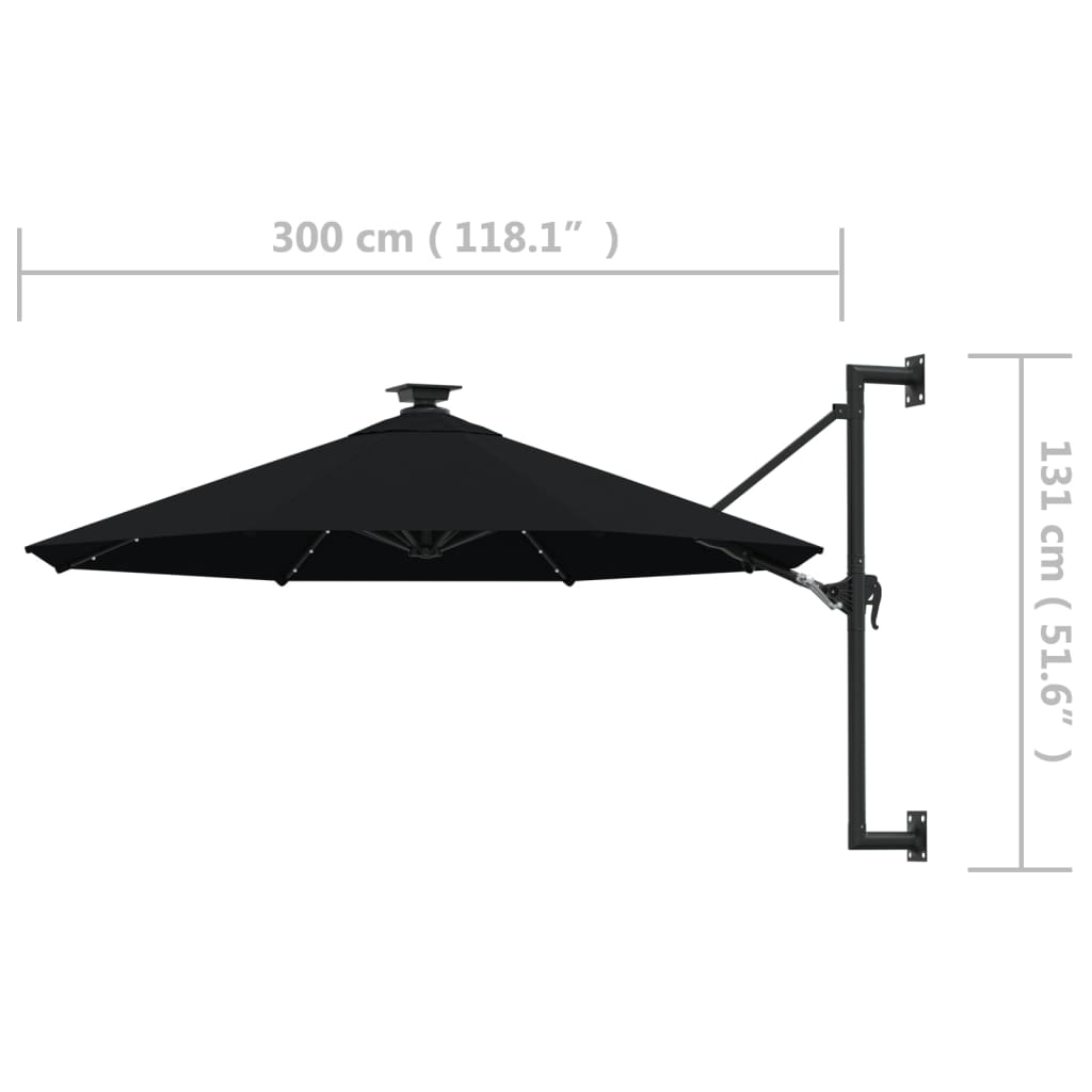 vidaXL Wall-mounted Garden Parasol with LEDs 300 cm Black