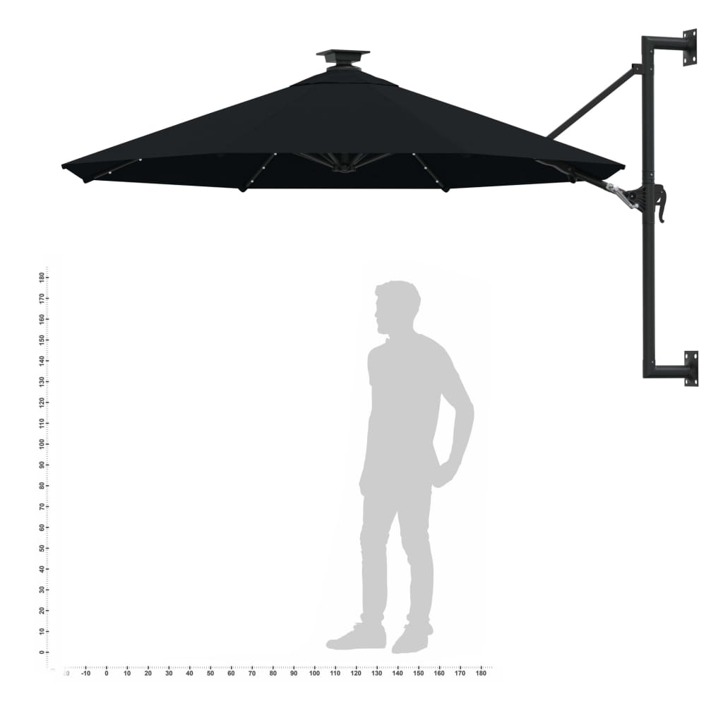 vidaXL Wall-mounted Garden Parasol with LEDs 300 cm Black