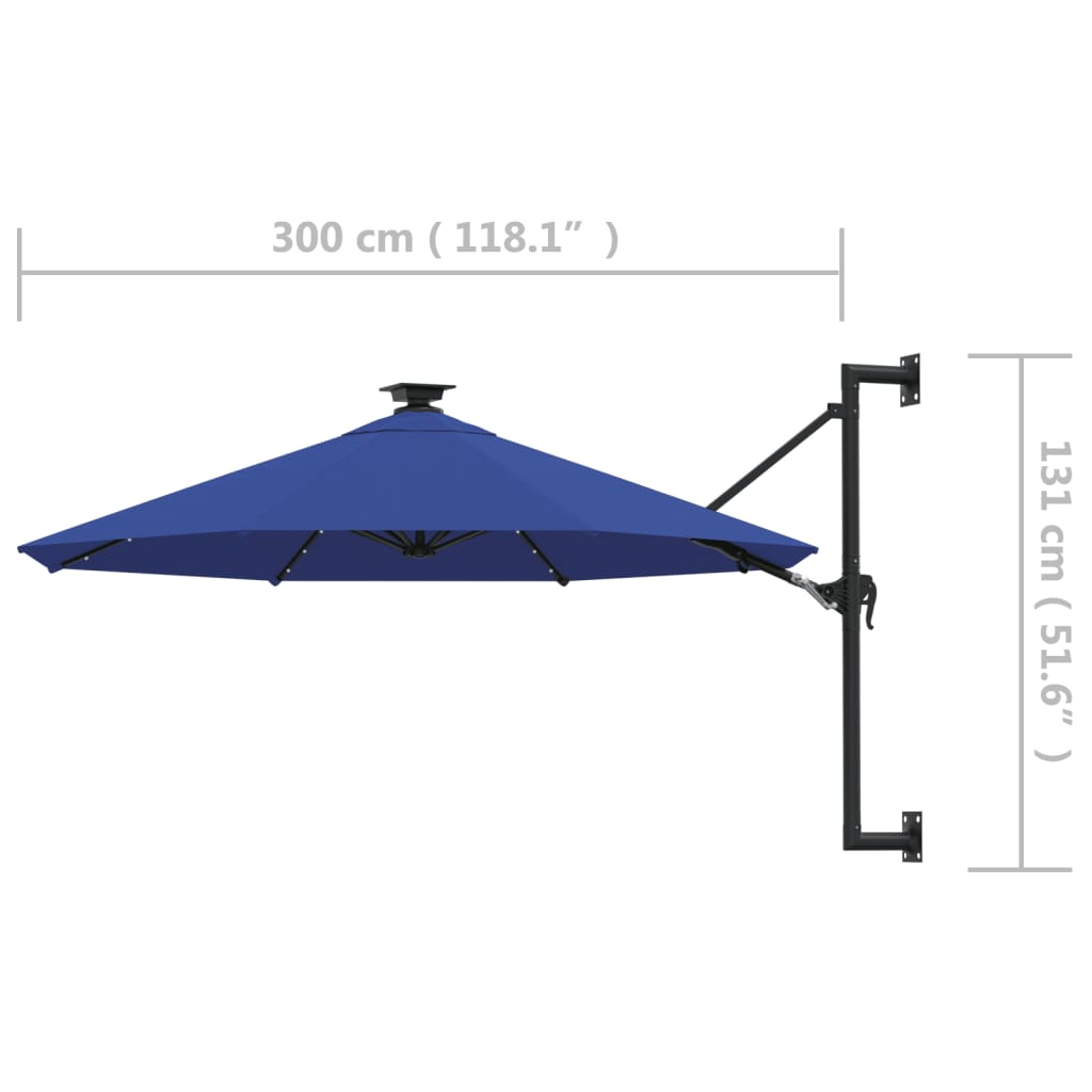 Wall-mounted Garden Parasol with LEDs 300 cm Blue