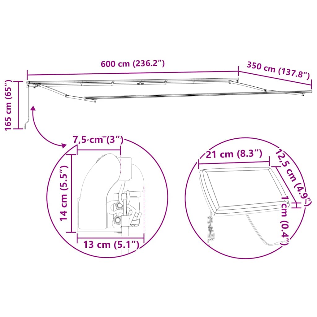 Awning Frame with LED Strip Lights White 600 x 350 cm Aluminium
