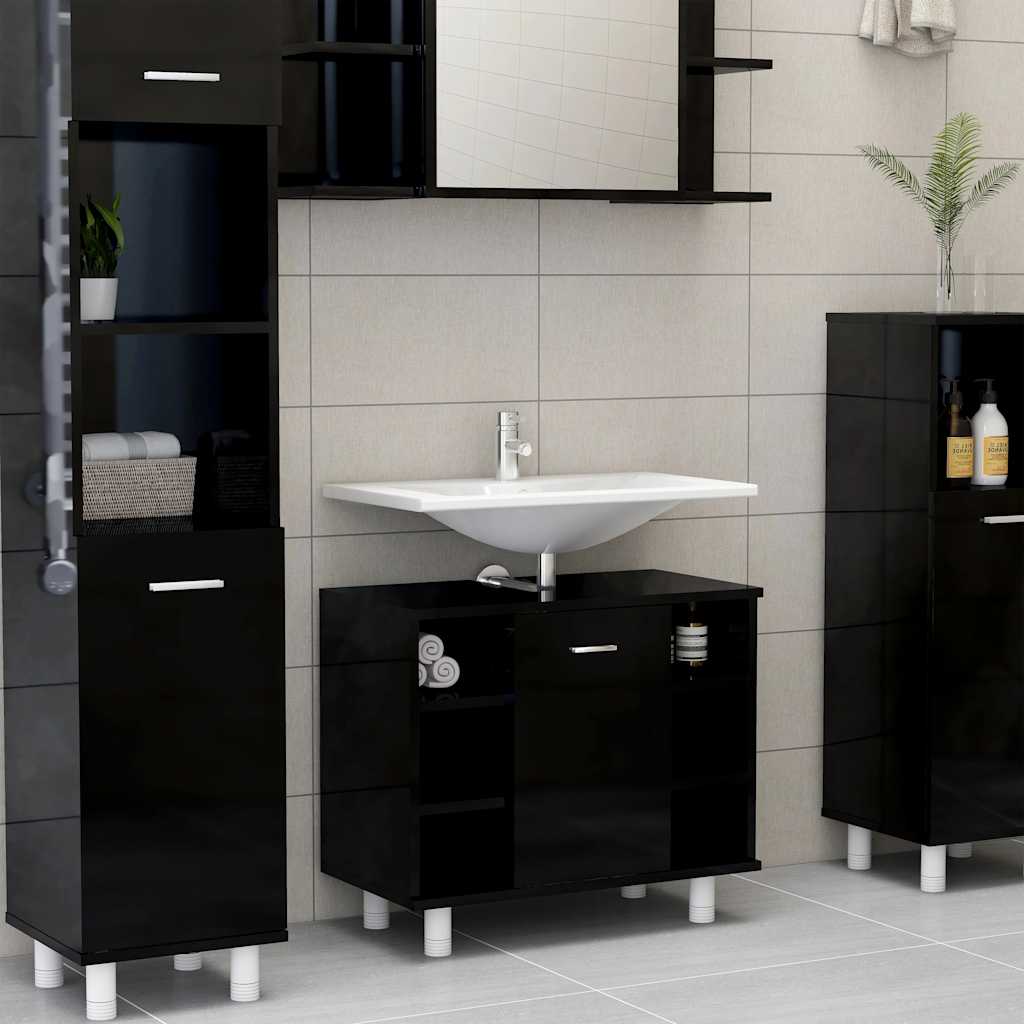 vidaXL Bathroom Cabinet High Gloss Black 60x32x53.5 cm Engineered Wood