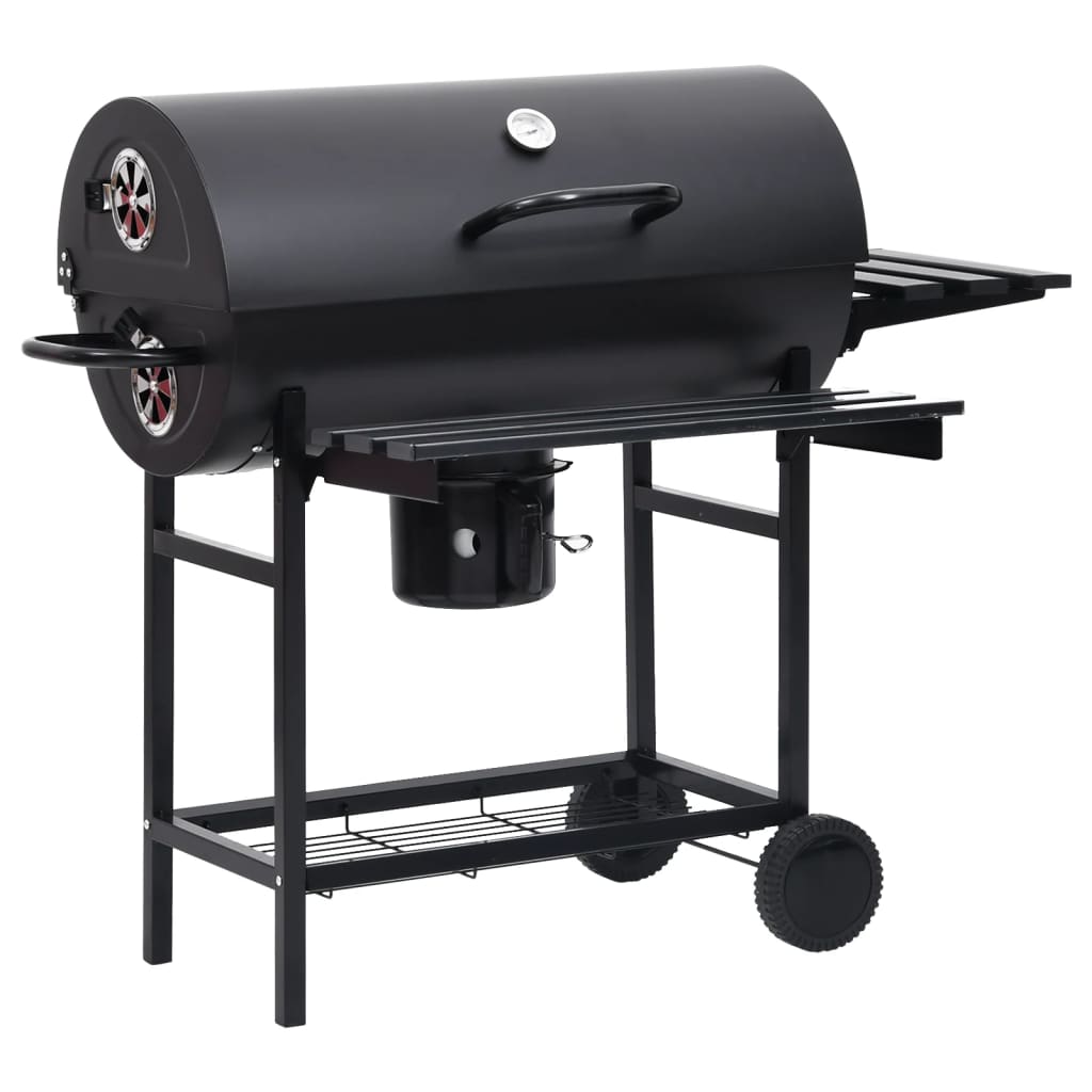 vidaXL Barrel Grill with Wheels and Shelves Black Steel 115x85x95 cm