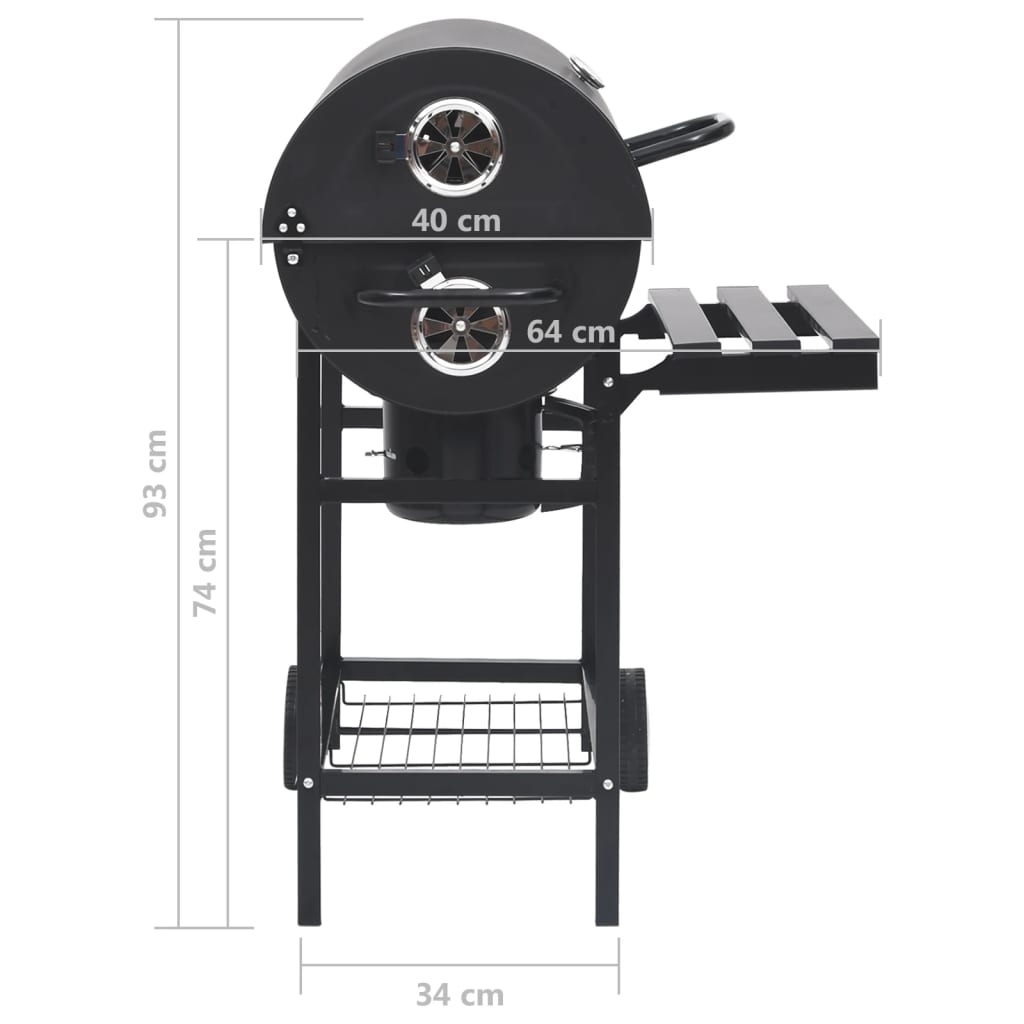 vidaXL Barrel Grill with Wheels and Shelves Black Steel 115x85x95 cm