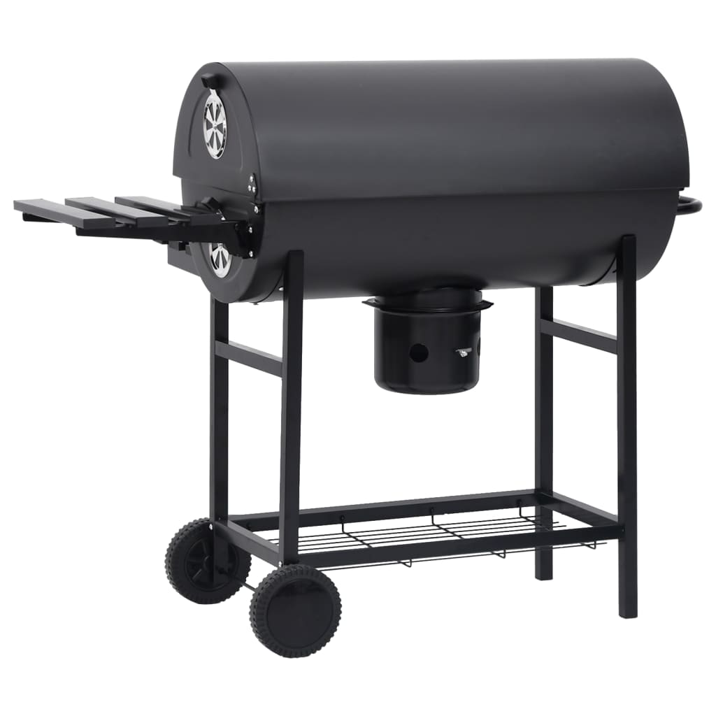 vidaXL Barrel Grill with Wheels and Shelves Black Steel 115x85x95 cm