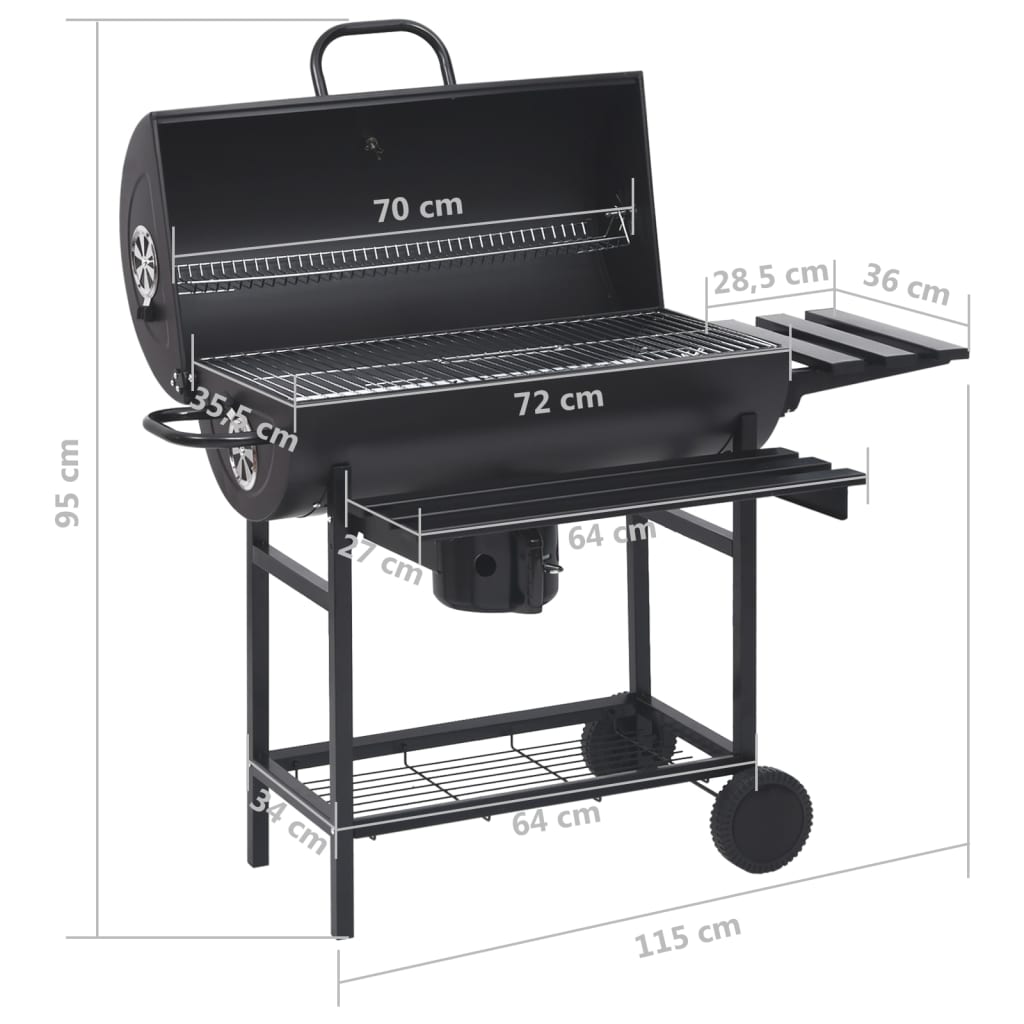 vidaXL Barrel Grill with Wheels and Shelves Black Steel 115x85x95 cm