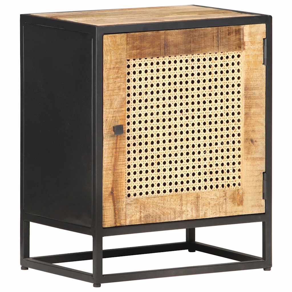 323140 vidaXL Bedside Cabinet 40x30x50 cm Rough Mango Wood and Natural Cane