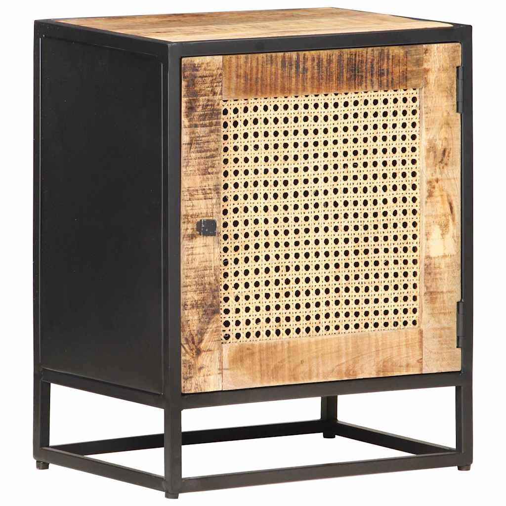 323140 vidaXL Bedside Cabinet 40x30x50 cm Rough Mango Wood and Natural Cane