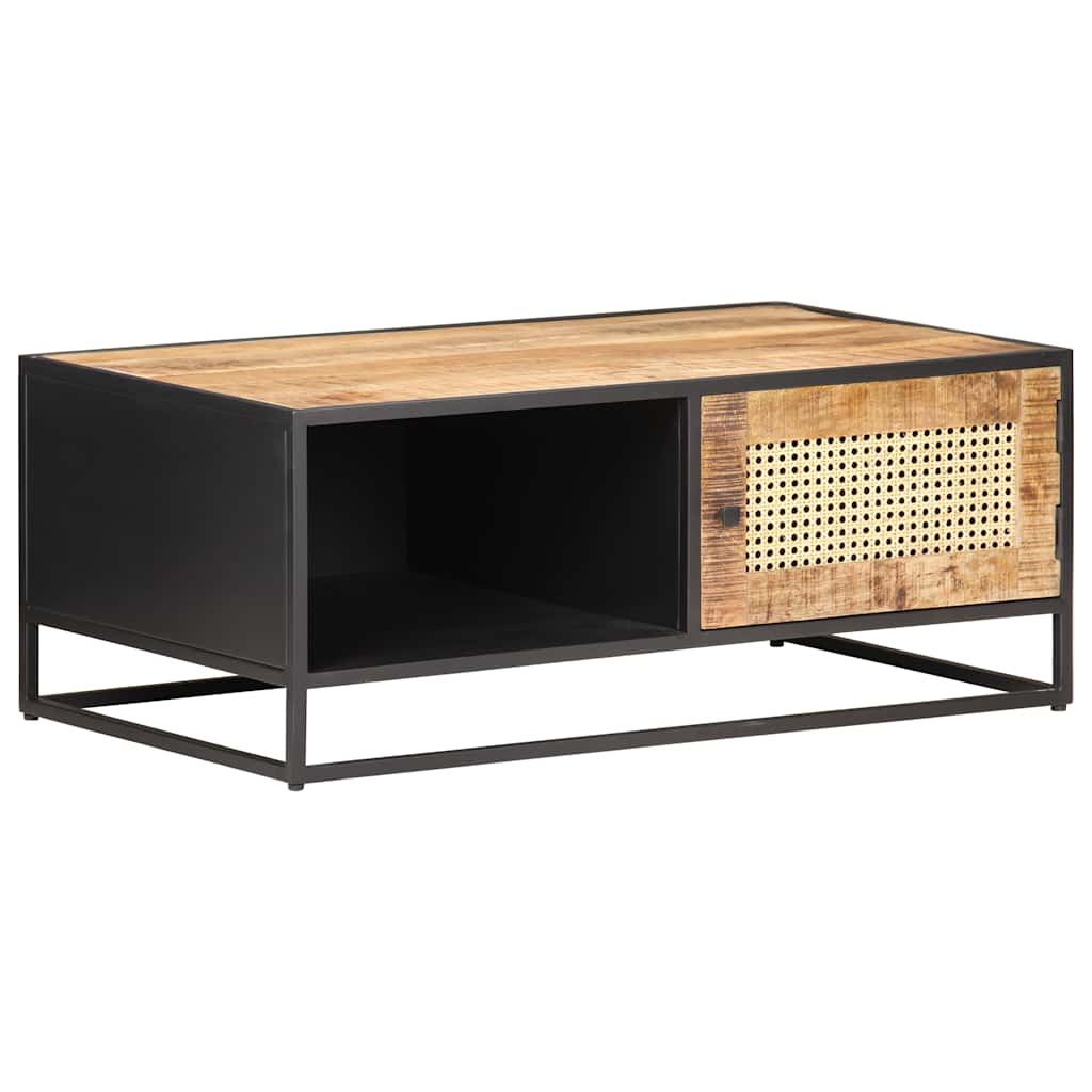 323143 vidaXL Coffee Table 90x50x35 cm Rough Mango Wood and Natural Cane