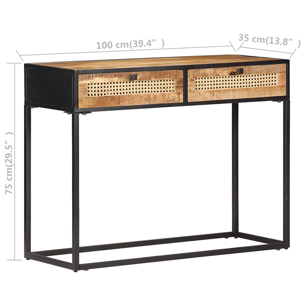 323145 vidaXL Console Table 100x35x75 cm Rough Mango Wood and Natural Cane