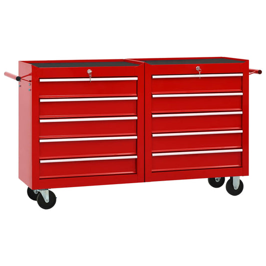 vidaXL Tool Trolley with 10 Drawers Steel Red (147175+147176)