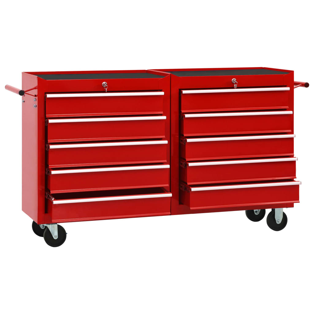 vidaXL Tool Trolley with 10 Drawers Steel Red (147175+147176)