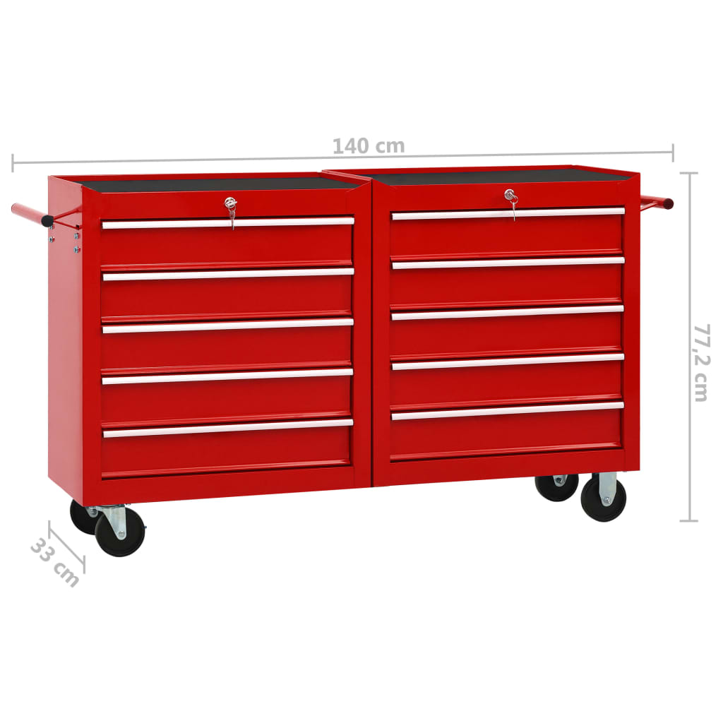 vidaXL Tool Trolley with 10 Drawers Steel Red (147175+147176)