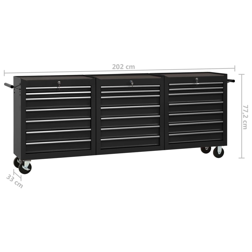 vidaXL Tool Trolley with 21 Drawers Steel Black (147185+2x147186)