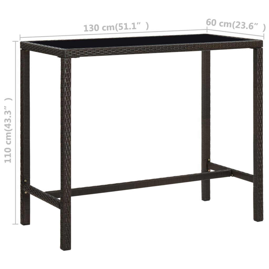 vidaXL Garden Bar Table Brown 130x60x110 cm Poly Rattan and Glass