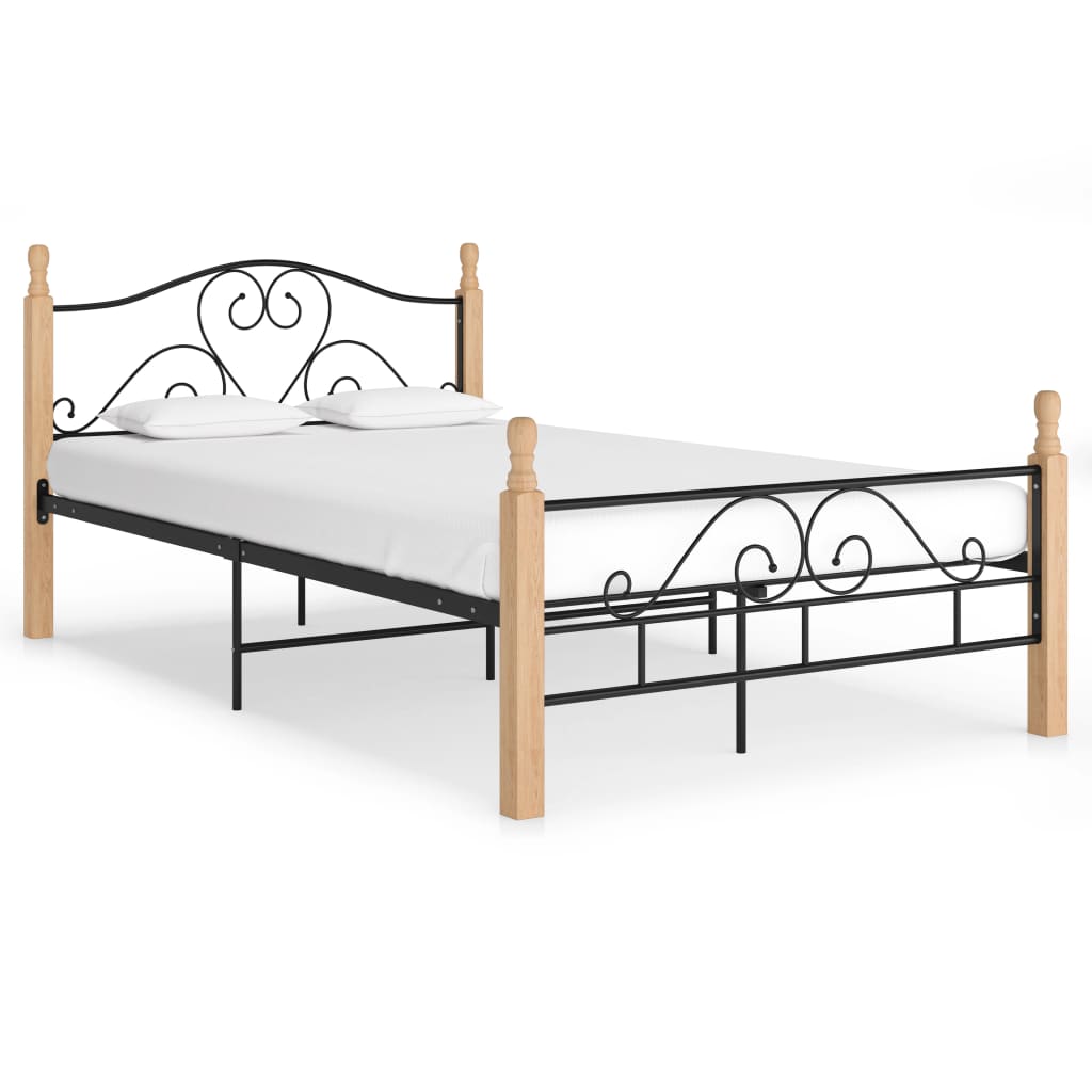 Bed Frame | Black and Natural Oak | Powder-coated metal, Oak wood