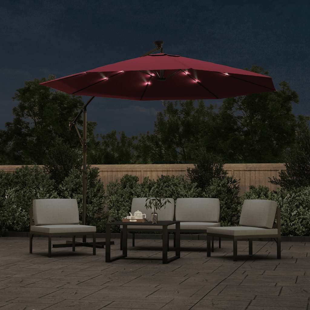 Cantilever Garden Parasol with LED Lights and Steel Pole Wine Red