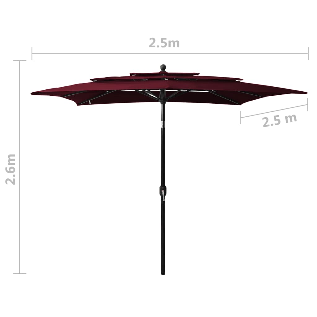 vidaXL 3-Tier Garden Parasol with Aluminium Pole Bordeaux Red 2.5x2.5 m