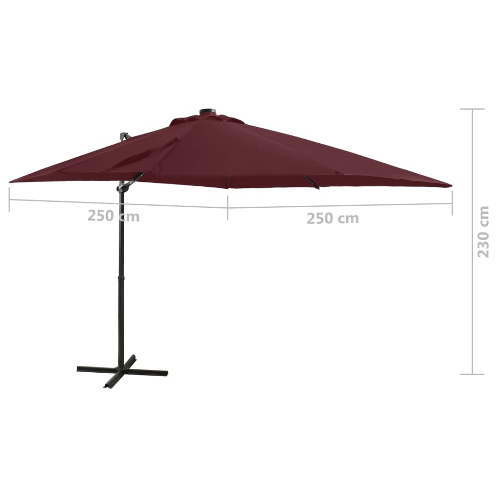 vidaXL Cantilever Garden Parasol with Pole and LED Lights Bordeaux Red 250 cm