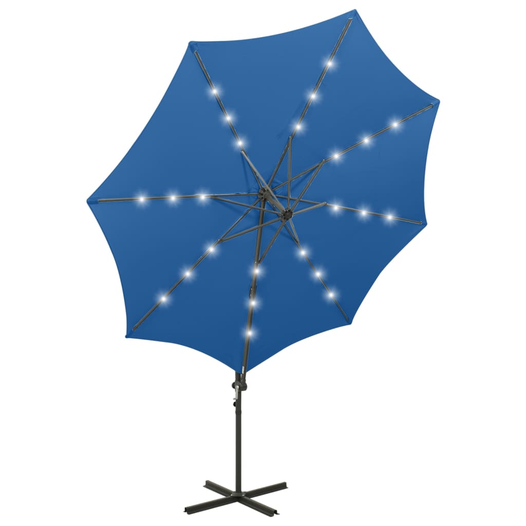 vidaXL Cantilever Garden Parasol with Pole and LED Lights Azure Blue 300 cm