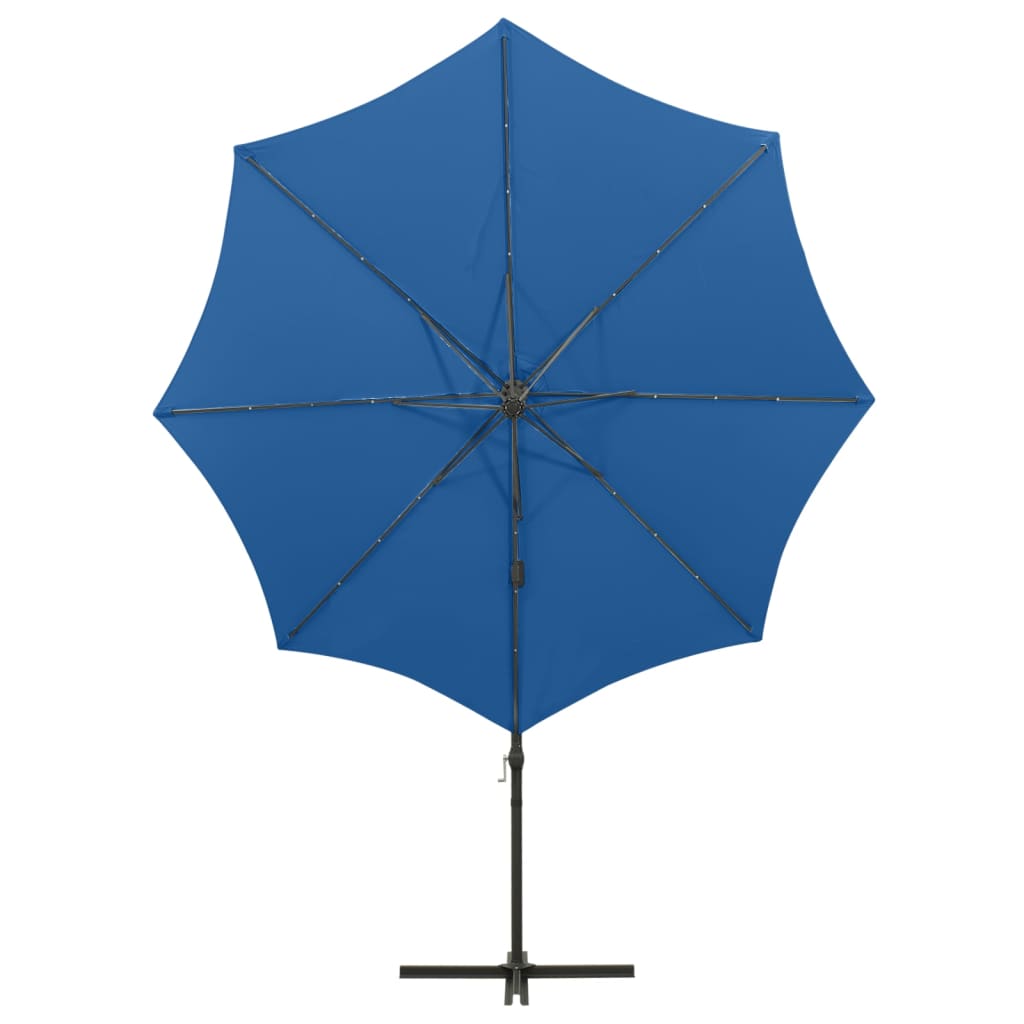 vidaXL Cantilever Garden Parasol with Pole and LED Lights Azure Blue 300 cm