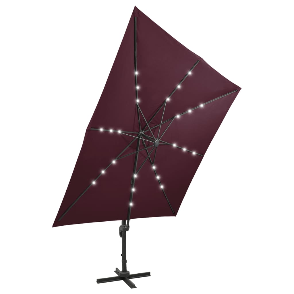 vidaXL Cantilever Garden Parasol with Pole and LED Lights Bordeaux Red 300 cm