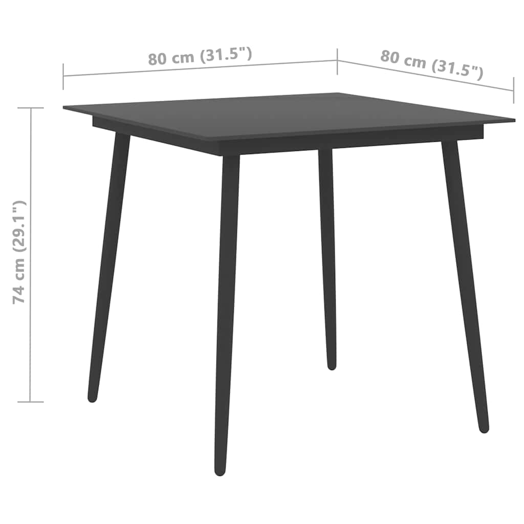 313114 vidaXL Garden Dining Table Black 80x80x74 cm Steel and Glass