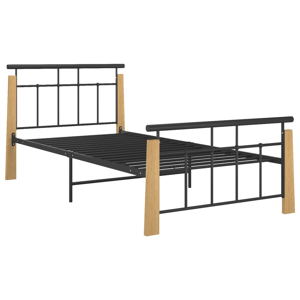 Bed Frame | Black and Light Oak | Powder-coated metal, solid oak wood