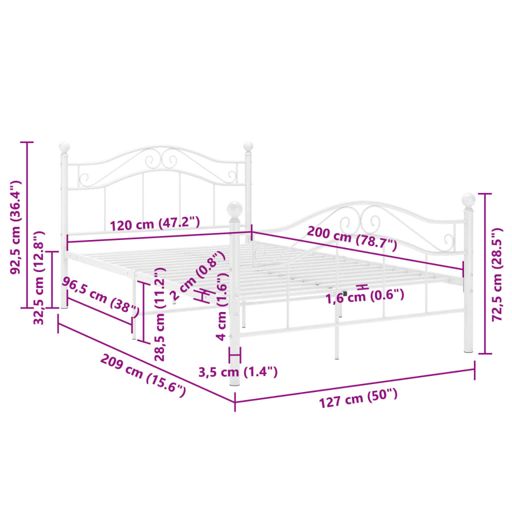 vidaXL Bed Frame without Mattress White Metal 120x200 cm